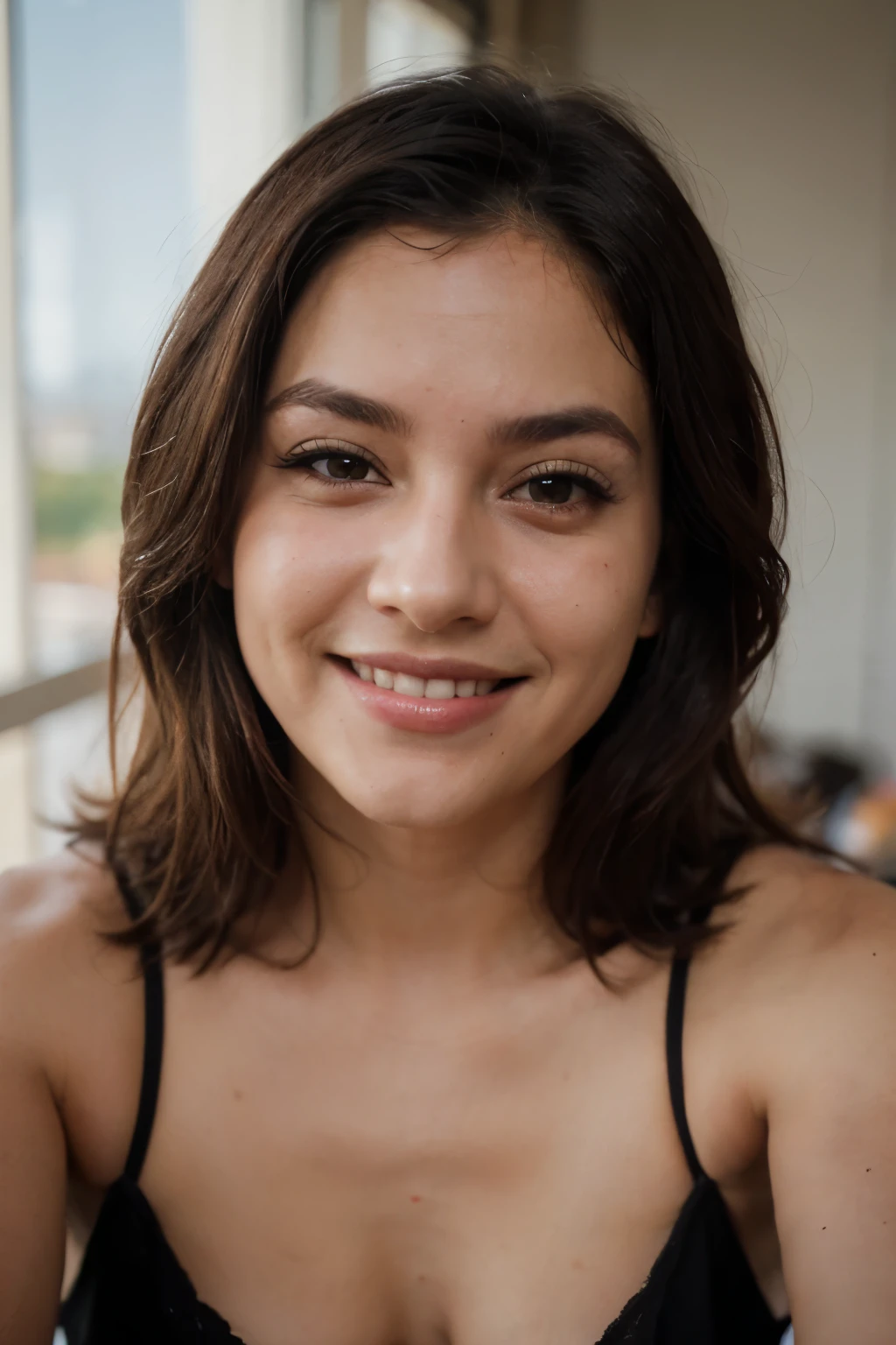 Fotografia de uma mulher de 24 anos, Lindo, sorriso, alegre, pele detalhada, poros da pele, fotorrealista, melhor qualidade, high resolution, alto contraste, muito detalhado