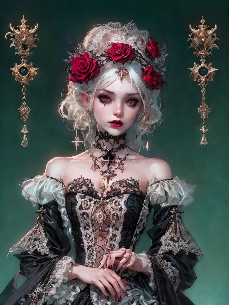 Arafed, dark fantasy art, glamour shot, award winning shot, photorealistic, a portrait of a female vampire drinking a ((glass of blood)), pink hair, long hair, red lips, glowing eyes, there is an imprint of white rose, dynamic color, she wears, an elegant (black dress: 1.5), catholic church and altar background, bar background, 16k, ultra detailed, masterpiece, best quality, (extremely detailed), rpg portrait, art by mooncryptowow, photograph