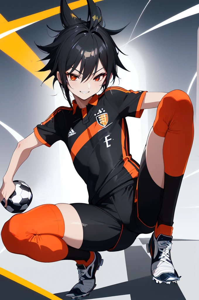 (((Super thin illustration,High resolution, muste piece, best quality,best quality)))、high quality, detailed, (little boy),12 years old, A young ace striker with a super cute face,A boy as beautiful as Planding, Cool handsome face with smile, soccer spike, long legs, thighs, Foots, Bulge, (black hair、Spiky hairstyle)、shiny hair, (tight shiny orange soccer uniform suit), (tight and shiny soccer shorts), (Soccer Socks), grassy area, cool pose, (厚いthighs、Seduce your big ass to your crotch)、(((soccer field in the park:1.2)))、((Saucy、))、grinning grin、(((spread legs))),ultra fine painting, (best quality, In 4K, 8K, High resolution, muste piece)Service Shots、