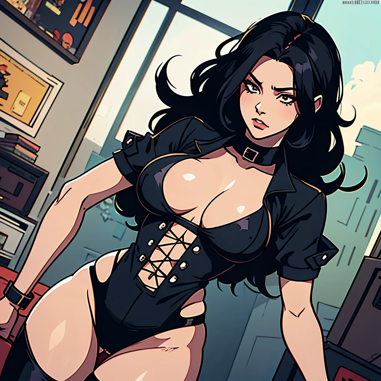 sexy woman, black hair, no top, medium breast size, curvy thighs, transparent thong, high detail, 4k