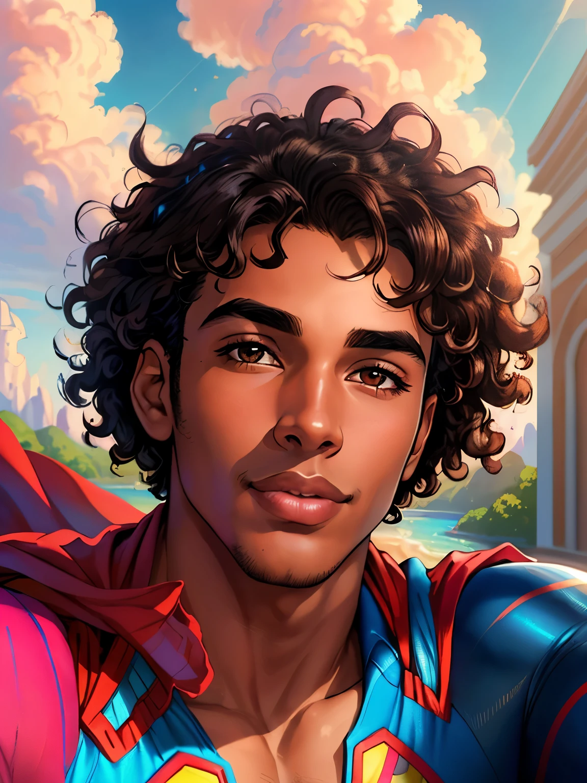 masterpiece, best quality, high quality, extremely detailed cg unity 8k wallpaper, an extremely colorful and purely fantasy in the sky with clouds a young male, brown skin young male with very big black tight curly hair, big nose, pinkish lips, very think eyebrows, brown skin superman, taking  a selfie while flying in the blue sky