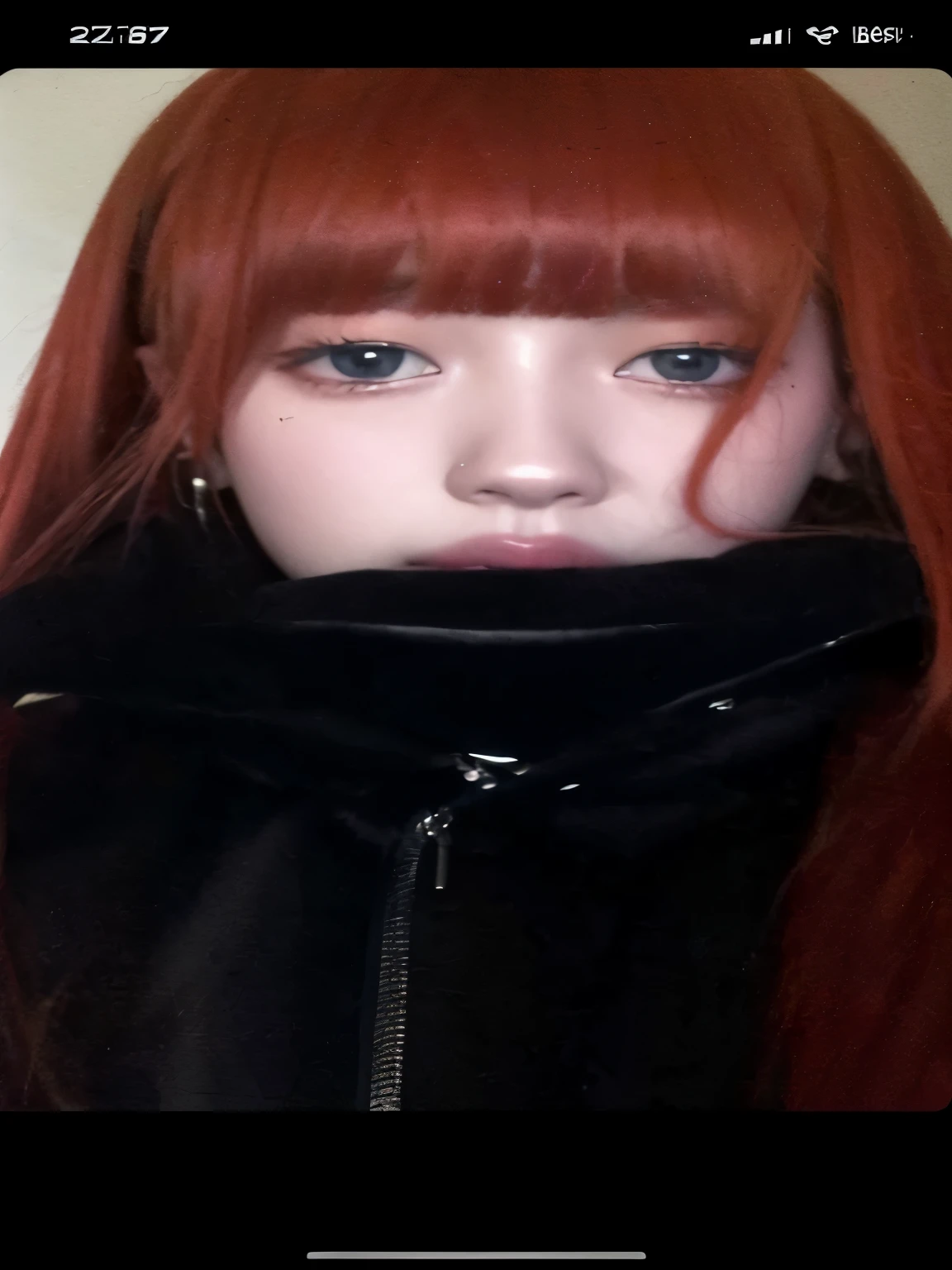 a close up of a person with red hair and a black jacket, jossi of blackpink, portrait of jossi of blackpink, jisoo from blackpink, cruel korean goth girl, portrait jisoo blackpink, jisoo of blackpink, ulzzang, dark piercing eyes, jinyoung shin, with anxious piercing eyes, with long hair and piercing eyes, it has a piercing gaze, Ive wooyoung , Izone wooyoung.