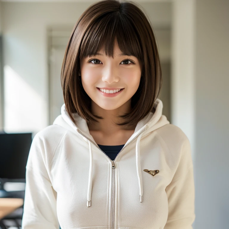 high school girl(young woman),whole body(slender),big breasts,attractive figure,correct anatomy,Realistic,hairstyle(short hair,short hair,Bangs Patsun,brown hair),White Zip Up Hoodie(long sleeve,Do not wear a hood,open the front),Shirt under hoodie,jeans,cute,adorable,big breasts,realistic textured skin,indoor,smile,accurate and perfect face,
