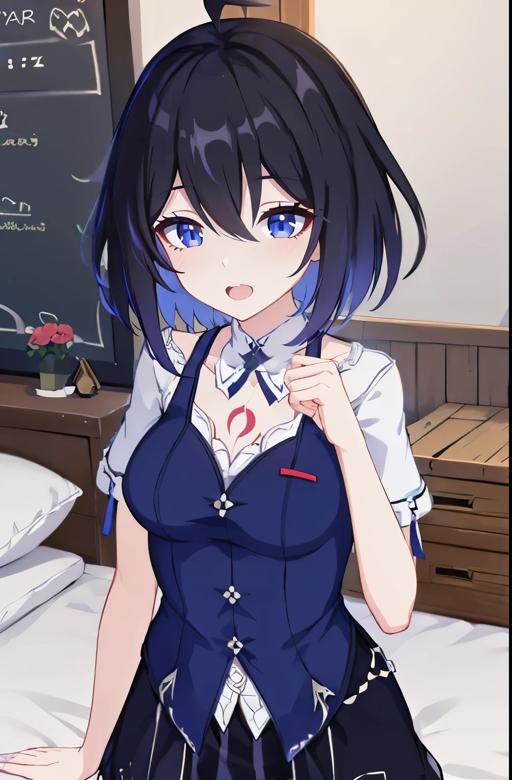 1 girl, best quality, ultra high res, ahoge, Seele Vollerei, medium breast, smile, small body, open mouth, azure clothes, short sleeves, bedroom, white bed sheets, pov, chest  tattoo, upper body, looking at viewers, looking you, blue eyes, perfect detailed, skirt, black skirt, 