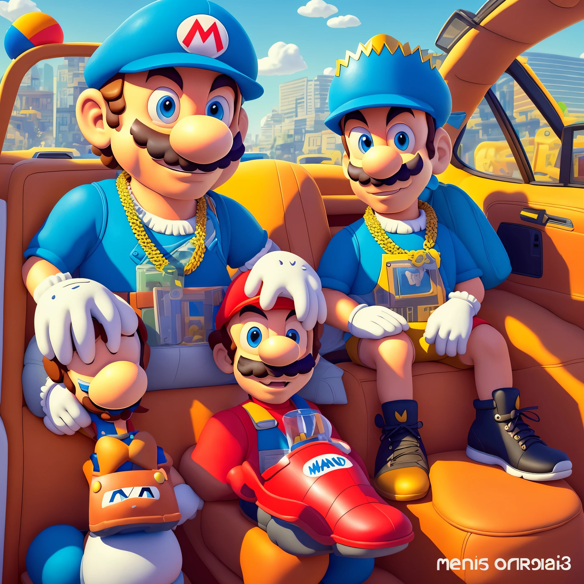 Araffe et un homme dans une voiture avec une paire de baskets, inspiré par Mario Bardi, art numérique. @Mariomaniacdude, Mario, Vray et Arnold, personnages 3D, rendu promotionnel, inspiré par Mario Cooper, Dessin animé 3 D, rendu en SFM, Mario bros, Rendu 8k », style simpsons, inspiré par Mario Dubsky