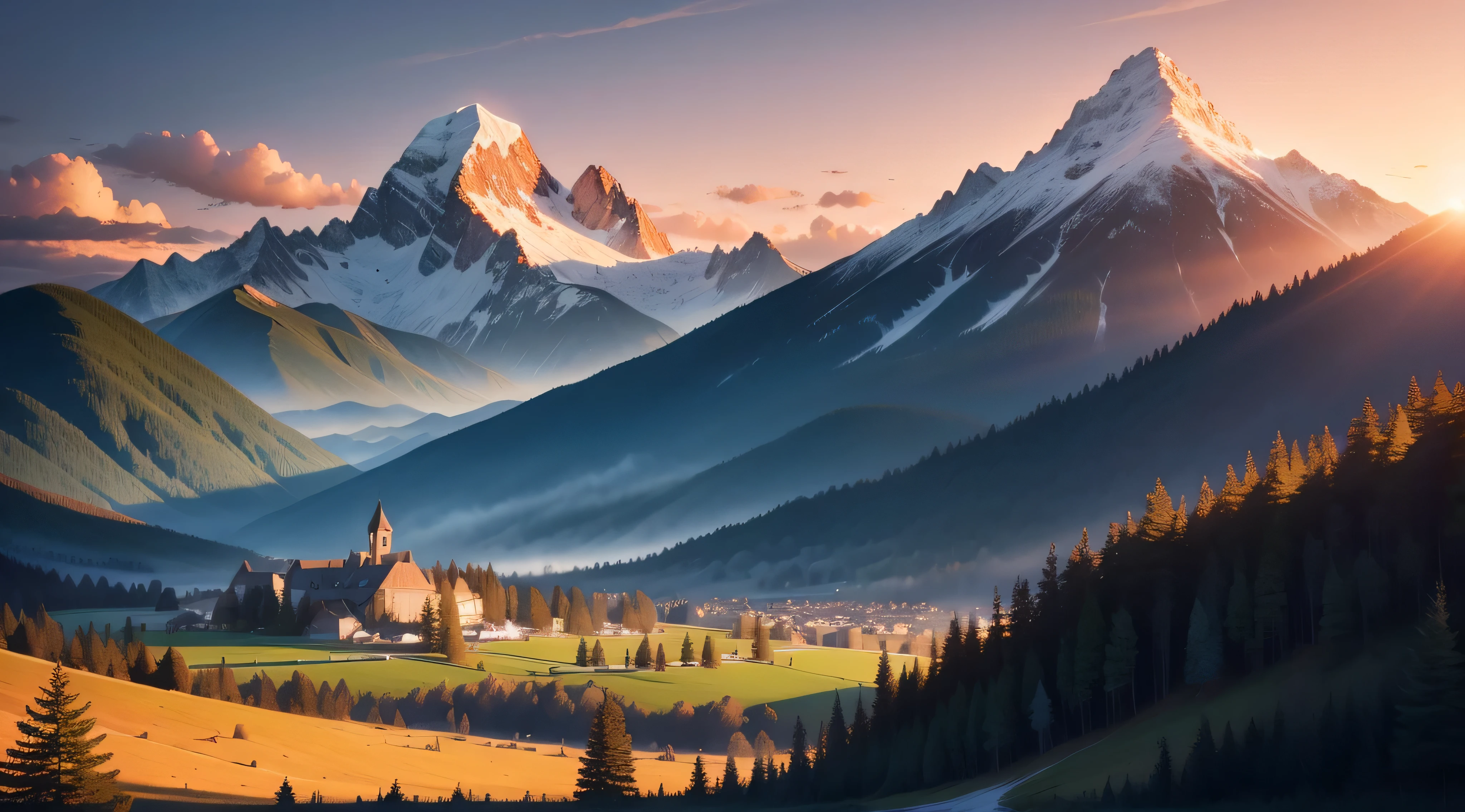 Summer, champions, coucher de soleil, des grandes montagnes au loin,Les arbres au pied de la montagne sont luxuriants,Il y a un flux,vent ancien,Le fond est les montagnes,Beautiful CG quality
