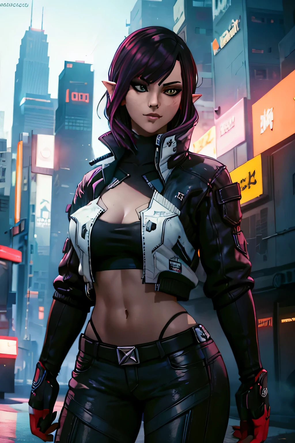 elf, black lipstick, short hair, sexual, fat ass, Cloth, One, cyberpunk, cyberpunk style, cyberpunk city, night city, Weapon,Catania, jeans, modern Cloth, mercenary girl, A gun, cyberpunk armor, augmentations, cyberpunk augmentations, Heavy armor, cyberpunk armor, Metal hands, four extra hands