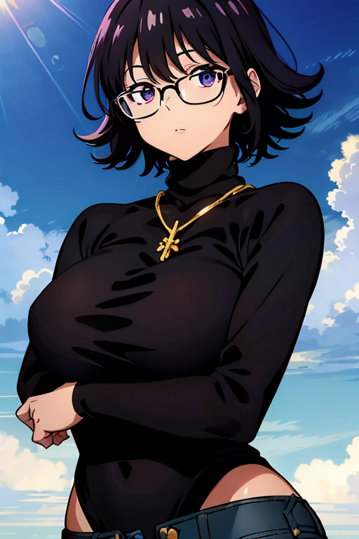 Shizuku Murasaki, 1girl, cute, black hair, short hair, glasses, expressionless, huge breast, ((tight black long sleeve turtleneck:1.5)), (upper body, looking at view, down arms), (masterpiece, high resolution, best quality, anime colored, anime screencap, 8k, photorealistic), denim, inverted cross chain necklace, (perfect detailed anatomy, beautiful detailed eyes&hair, beautiful face&skin, beautiful detailed body&clothes), sunshine outdoors