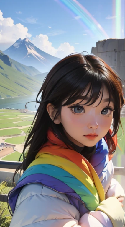 (masterpiece, top quality, 8k wallpaper, high resolution, ultra-realistic), one girl, alone, full body composition from a far, slender figure: 1.1, Japanese, very delicate and beautiful woman , cute face, beautiful face, beautiful eyes, detailed face, detailed face, detailed eyes, detailed nose, mouth details, short hair, dark eyes, carrying a large backpack, backpacker, Climber, view from the top of the mountain, detailed feet, detailed fingers, mountain jacket, T-shirt, trekking, smile, selfie, fisheye lens