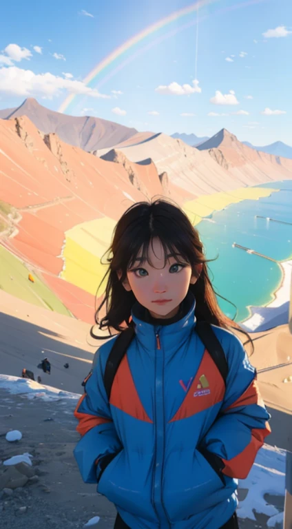 creative pose, landscape, eye산, Vinicunca, eye산 de toute les couleurs, eye.산 rainbow, Beautiful girl, UHD Portrait, (high quality) (ultra detail) Observation of viewers wearing padded clothes; another, colourful, long hair 🌈
