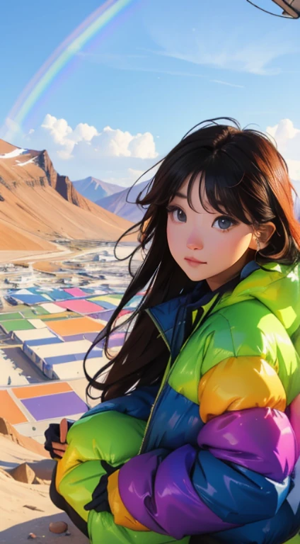 creative pose, landscape, eye산, Vinicunca, eye산 de toute les couleurs, eye.산 rainbow, Beautiful girl, UHD Portrait, (high quality) (ultra detail) Observation of viewers wearing padded clothes; another, colourful, long hair 🌈