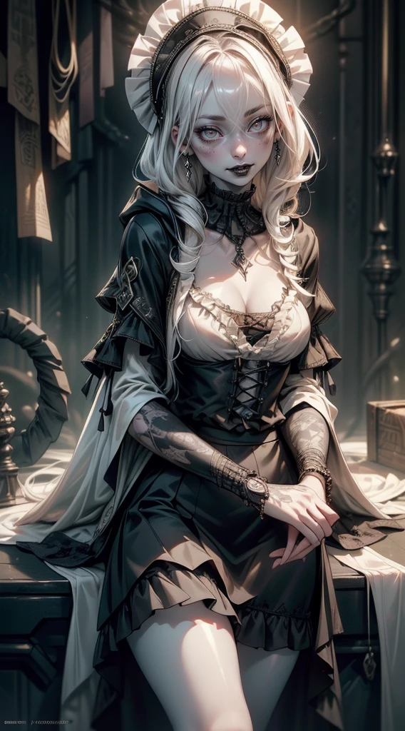 ((best quality)), ((masterpiece)), (detailed), plain background, white background, Bloodborne inspired,  occult aesthetic, occult, detailed and intricate steampunk and detailed gothic, NSFW, Very dramatic and cinematic lighting, cosmic horror, grim-dark, side-lighting, perfect face, a beaituful goddess valkyrie adorned and enshrined in armour, Bloodborne inspired valkyrie, occult aesthetic valkyrie, occult valkyrie, detailed and intricate steampunk and detailed gothic valkyrie, Fluttering lace flared long knee length dress with frilly petticoats, long dress, knee length dress, pleated petticoats, lolita dress, petticoats gothic lolita, side-lighting, gothic lolita aesthetic, beautiful small breasts, full body, whole body, body