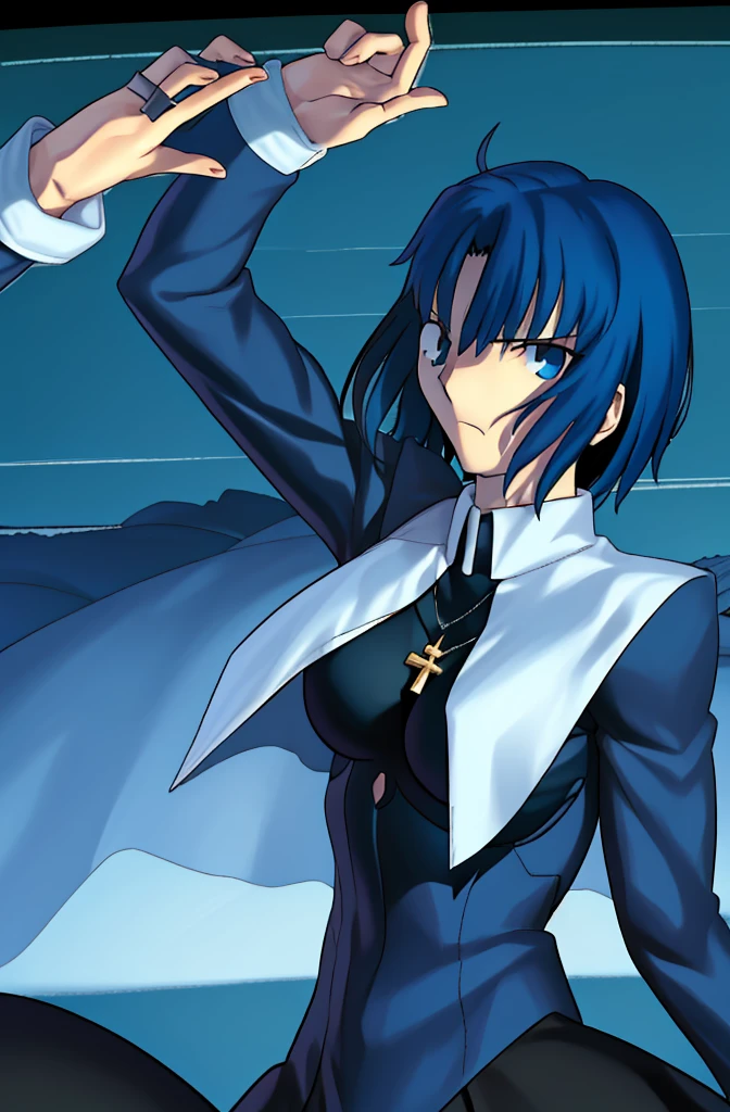 (best quality, 4k, 8k, highres,m asterpiece:1.2), (ultra-detailed:1.6), slender figure, (soft, delicate features:1.1), (vivid colors), ciel_(tsukihime), cowboy shot, 1girl, solo, (long sleeves black dress;1.4), chain, habit open, sad, looking at viewer, antenna hair, (ahoge:1), closed mouth, fingernails, breasts, medium breasts, cross, latin cross, cross, holding, necklace, nun, symmetrical, serious, (Shadowed:1.5)