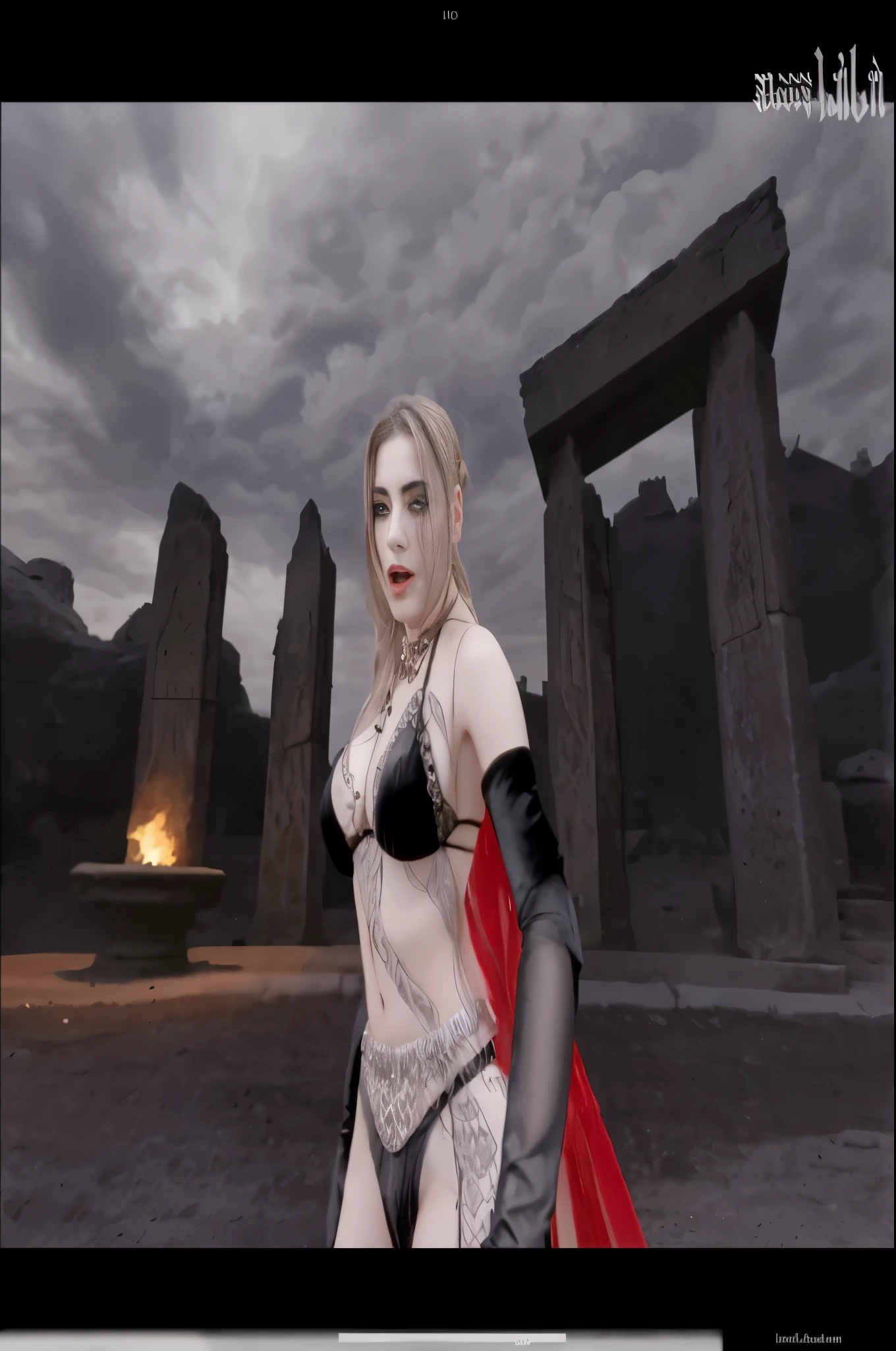 Alafid woman in costume standing in front of stone structure, female vampire warrior, Vampires of the Shadow Clan, busty witch, Sexy and charming female vampire, black bikini。black gloves,Heavy makeup,Big chest。Fierce expression。