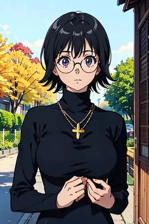 Shizuku Murasaki, 1girl, cute, black hair, short hair, glasses, expressionless, huge breast, ((tight black long sleeve turtleneck:1.5)), (upper body, looking at view, down arms), (masterpiece, high resolution, best quality, anime colored, anime screencap, 8k, photorealistic), denim, inverted cross chain necklace, (perfect detailed anatomy, beautiful detailed eyes&hair, beautiful face&skin, beautiful detailed body&clothes), sunshine outdoors