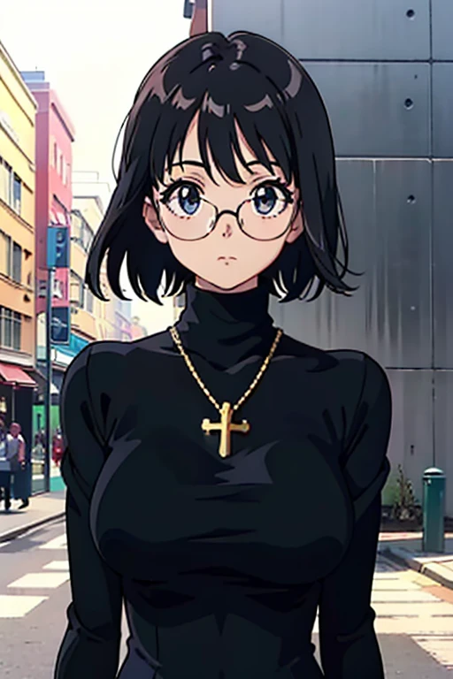 Shizuku Murasaki, 1girl, cute, black hair, short hair, glasses, expressionless, huge breast, ((tight black long sleeve turtleneck:1.5)), (upper body, looking at view, down arms), (masterpiece, high resolution, best quality, anime colored, anime screencap, 8k, photorealistic), denim, inverted cross chain necklace, (perfect detailed anatomy, beautiful detailed eyes&hair, beautiful face&skin, beautiful detailed body&clothes), sunshine outdoors