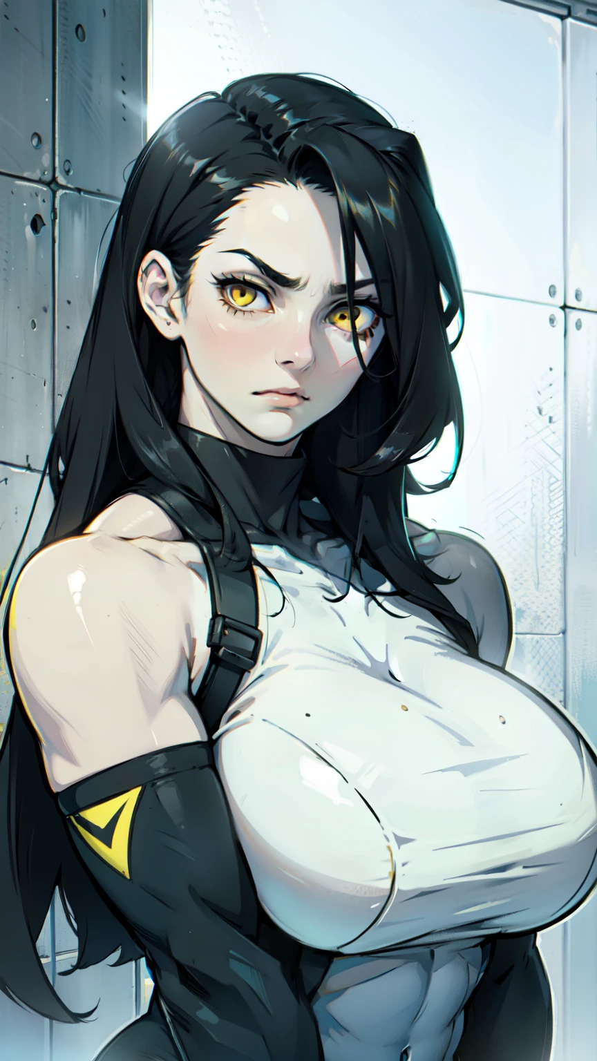 pale girl muscular girl huge breasts black hair yellow eyes expressionless sad hair between eyes long hair