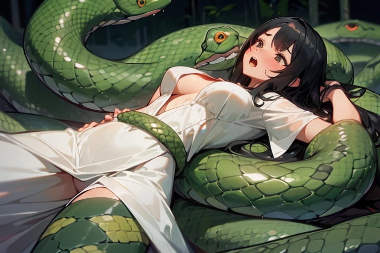 girl lays on a bed, 1girl, solo, breasts, ,black hair, long hair ,((lying on back)), (pajamas:1.0), white pajamas, (open clothes:1.0), exposed breasts, (surrounded by snakes), (Snakes entangled with girls), lying, on back, (rub cheeks together), (romance), love, (large breasts), (Background: Bedroom with tatami mats), on the bed sheet, flustered face, surprised face, confused, (face looking pleasant), (upset:1.0), open mouth, sweat, (snakes 1.5), (anaconda), (big snake), (coiled snake), (snake tail), pretty girl, (looking up:1.0), night, wet, wet skin, steam, best quality,detailed,high resolution,
