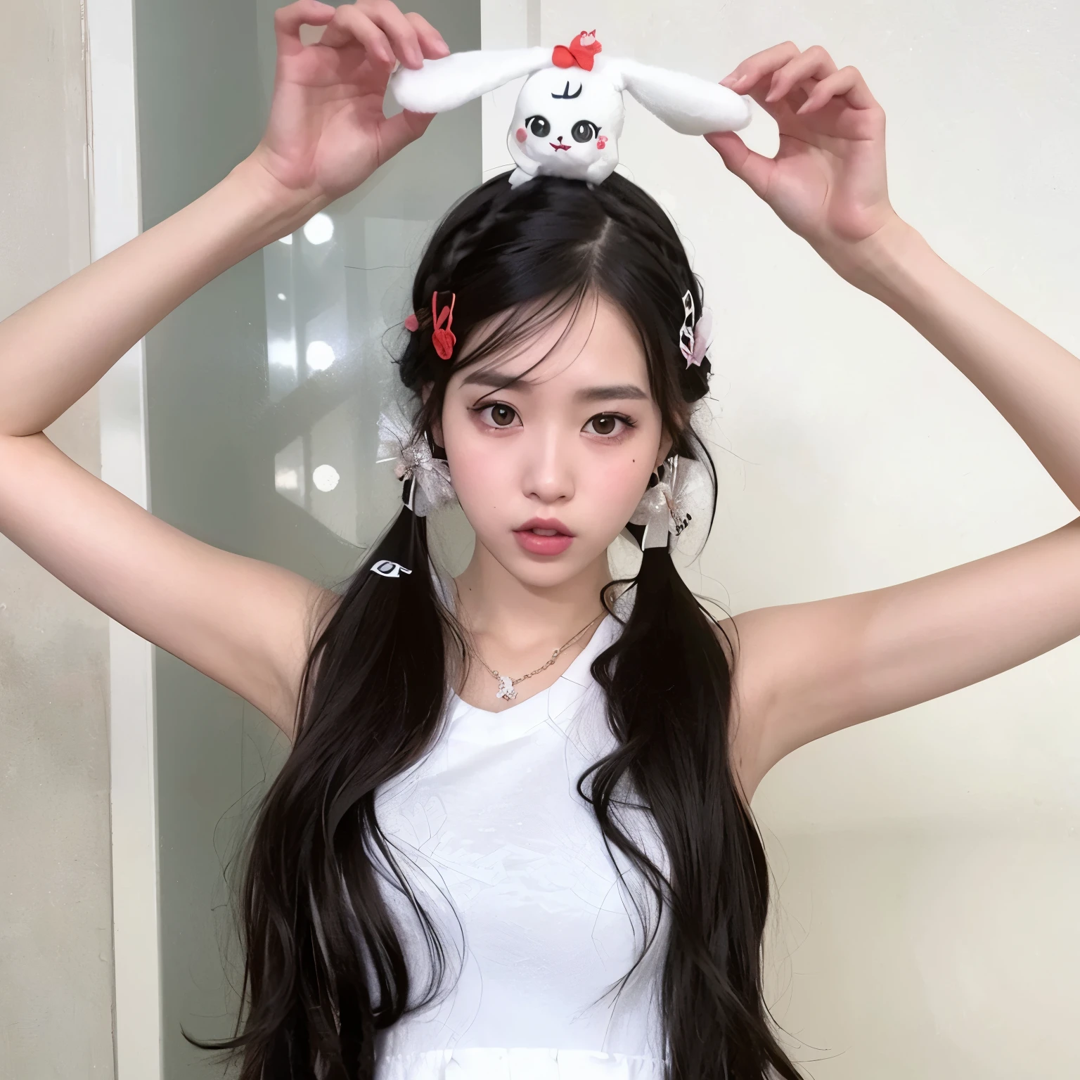 araffe girl with long black hair and a white dress holding a white cat headband, ulzzang, pigtails hairstyle, lalisa manobal, twintails hairstyle, two pigtails hairstyle, with long floppy rabbit ears, with bunny ears, with black pigtails, white hime cut hairstyle, wan adorable korean face, white ponytail hair, Izone Wooyoung, Ive Wooyoung.
