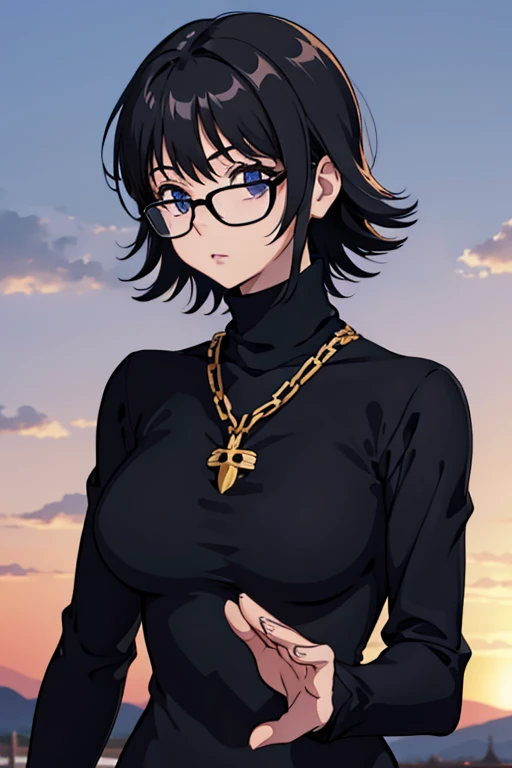 Shizuku Murasaki, 1girl, cute, black hair, short hair, glasses, expressionless, huge breast, ((tight black long sleeve turtleneck:1.5)), (upper body, looking at view, down hands), (masterpiece, high resolution, best quality, anime colored, anime screencap, 8k, photorealistic), denim, inverted cross chain necklace, (perfect detailed anatomy, beautiful detailed eyes&hair, beautiful face&skin, beautiful detailed body&clothes), sunshine outdoors