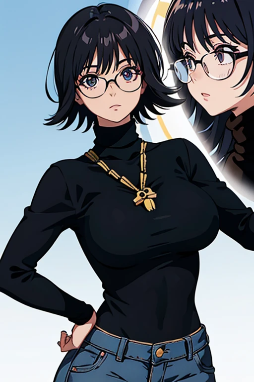 Shizuku Murasaki, 1girl, cute, black hair, short hair, glasses, expressionless, huge breast, ((tight black long sleeve turtleneck:1.5)), (upper body, looking at view, down hands), (masterpiece, high resolution, best quality, anime colored, anime screencap, 8k, photorealistic), denim, inverted cross chain necklace, (perfect detailed anatomy, beautiful detailed eyes&hair, beautiful face&skin, beautiful detailed body&clothes), sunshine outdoors