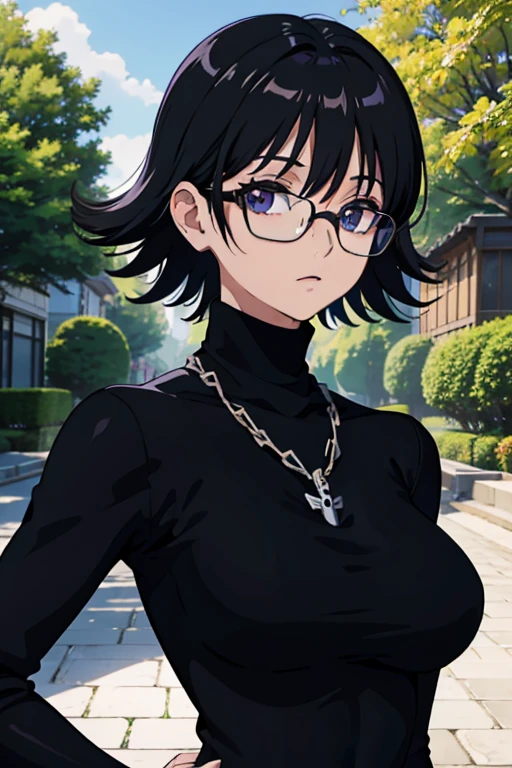 Shizuku Murasaki, 1girl, cute, black hair, short hair, glasses, expressionless, huge breast, ((tight black long sleeve turtleneck:1.5)), (upper body, looking at view, down hands), (masterpiece, high resolution, best quality, anime colored, anime screencap, 8k, photorealistic), denim, inverted cross chain necklace, (perfect detailed anatomy, beautiful detailed eyes&hair, beautiful face&skin, beautiful detailed body&clothes), sunshine outdoors