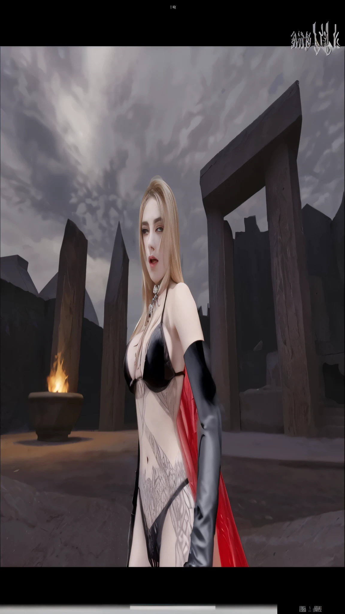 Alafid woman in costume standing in front of stone structure, long blonde hair，Female succubus, female vampire, busty witch,  性感妩媚female vampire, black bikini。black gloves，Heavy makeup，Big chest。Fierce expression。