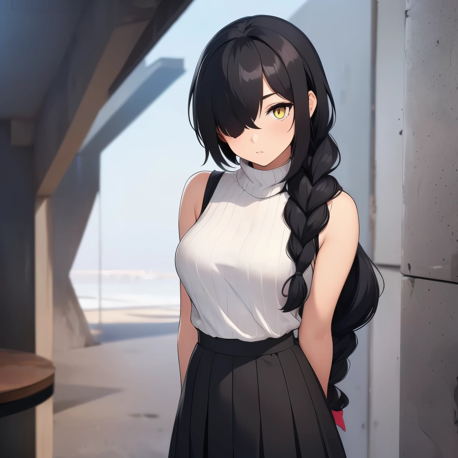 a girl with long hair and a shirt, skirt, black hair, yellow eyes, braid, sleeveless, black skirt, hair over one eye, single braid, turtleneck, arms behind back, one eye covered