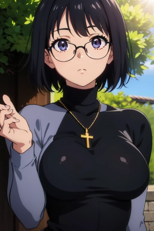 Shizuku Murasaki, 1girl, cute, black hair, short hair, glasses, expressionless, huge breast, ((tight black long sleeve turtleneck:1.5)), (upper body, looking at view, down arms), (masterpiece, high resolution, best quality, anime colored, anime screencap, 8k, photorealistic), denim, inverted cross chain necklace, (perfect detailed anatomy, beautiful detailed eyes&hair, beautiful face&skin, beautiful detailed body&clothes), sunshine outdoors