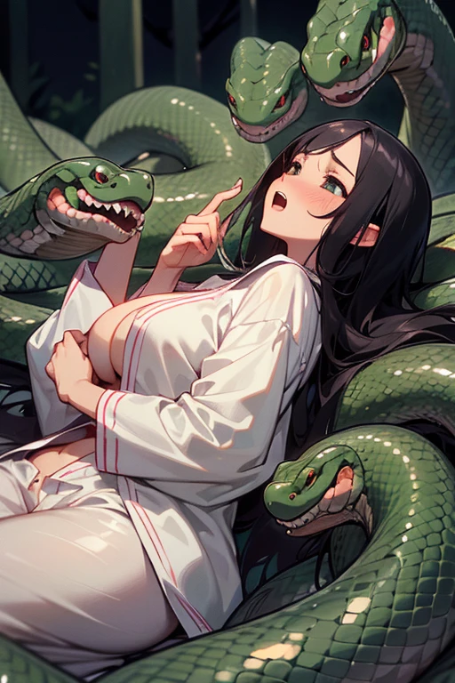 1girl, solo, (18-year-old), dark hair, long hair, bedroom bed in background, pajamas, white pajamas, sitting,spread my legs, (large breasts), cute,shy, blush, parted lips,  (snakes 1.5),(surrounded by snakes), (anaconda), (big snake), (coiled snake:1.0),coils, (Snakes entangled with girls:1.0),night, ((Side angle)), looking away, flustered face, surprised face ,wet skin, steam, best quality,detailed,high resolution,
