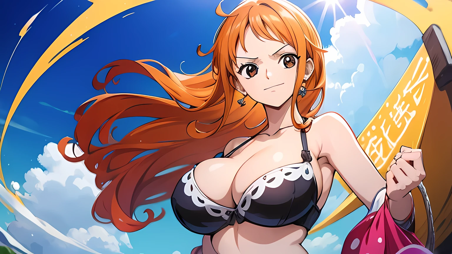 Gere uma imagem realista no estilo anime de Nami de One Piece. Capture your distinctive appearance with orange hair, uma camisa, and a joyful expression. Certifique-se de que a imagem reflete sua personalidade aventureira e confiante, como mostrado no anime.., corpo completo, Plano amplo ,  CORPO  CURVADO, Fundo da ilha,Bra top, saia, olhos laranja, olhos laranja, axilas