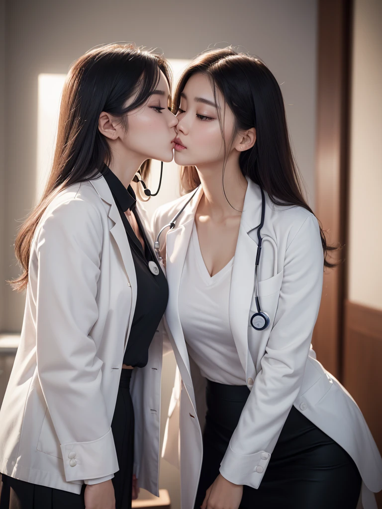 Photorealistic beautiful doctor、stunningly beautiful、doctors white coat, Collared shirt、(top-quality、8K、32K、​masterpiece、nffsw:1.3)、超A high resolution,(Photorealsitic:1.4),Raw photography, Detailed face,,Beautiful hair,real looking skin、 ((Doctor Style)), , Black tight skirt、 Natural makeup,, large full breasts、inside hospital, Detailed background, Perfect Lighting, depth of fields, Beautiful shadow gradient,stethoscope , (2girls, soulmate, cheek to cheek, kiss:1.2)