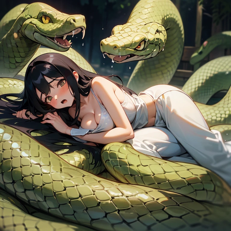 girl lays on a bed, 1girl, solo, breasts, ,black hair, long hair ,((lying on back)), (pajamas:1.0), white pajamas, (open clothes:1.0), exposed breasts, (surrounded by snakes), (Snakes entangled with girls), lying, on back, (rub cheeks together), (romance), love, (large breasts), (Background: Bedroom with tatami mats), on the bed sheet, flustered face, surprised face, confused, (face looking pleasant), (upset:1.0), open mouth, sweat, (snakes 1.5), (anaconda), (big snake), (coiled snake), (snake tail), pretty girl, (looking up:1.0), night, wet, wet skin, steam, best quality,detailed,high resolution,
