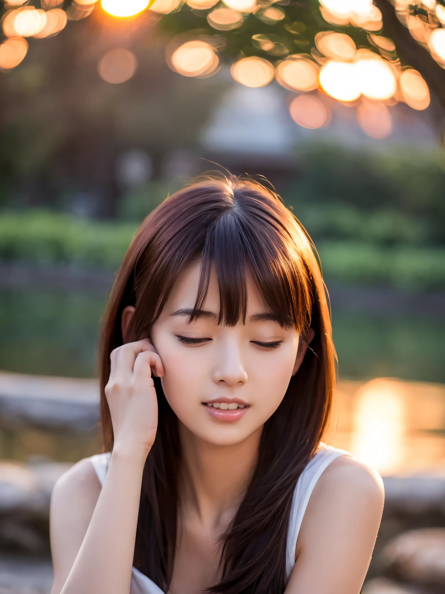 1ung girls, Extremely beautiful, (Extremely cute), (extremely detailed beautiful face), Amazing face and eyes, rather dense hair、bob cuts、slightly brighter eyes、no-makeup、(Mini dress with camisole)、(Best Quality:1.4), (Ultra-detailed), extremely detailed CG unified 8k wallpaper, A hyper-realistic, (Photorealsitic:1.4), full body Esbian、Raw photography, professional photograpy, Cinematic lighting, Realistic portrait, ((Bokeh)), (depth of fields:1.4), (View photographer:1.3)、18year old、(Inokashira Park),(Inokashira Pond)、(full body Esbian)、Accurate eyes、Beautiful mouth、(Keep your mouth completely closed)、(early evening:1.3)、(look at a camera)、(brilliant sunset:1.25)、(Orange evening sky:1.25)、no sleeves、Melancholy look