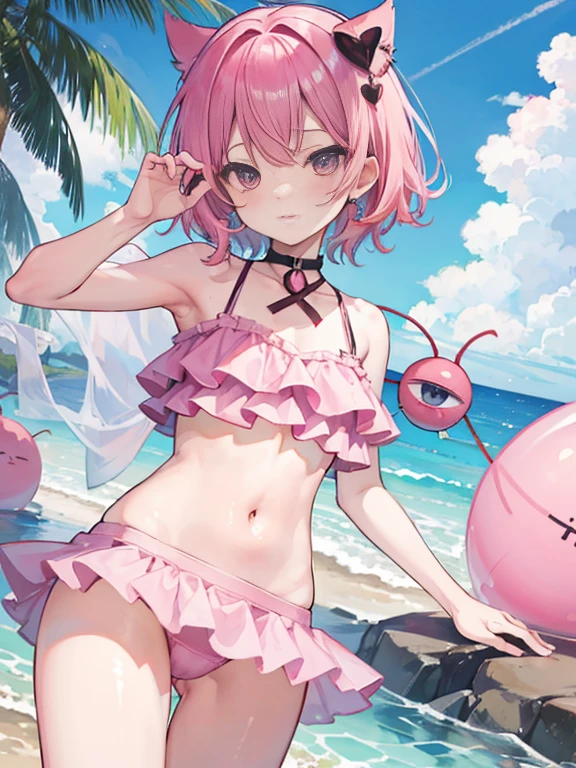 best quality、Komeiji Satori(pink hair)、Erotic swimwear、Belly button pussy、embarrassing