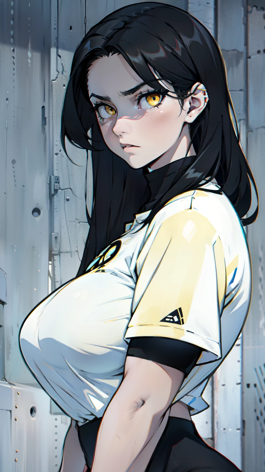 pale girl muscular girl huge breasts black hair yellow eyes expressionless sad