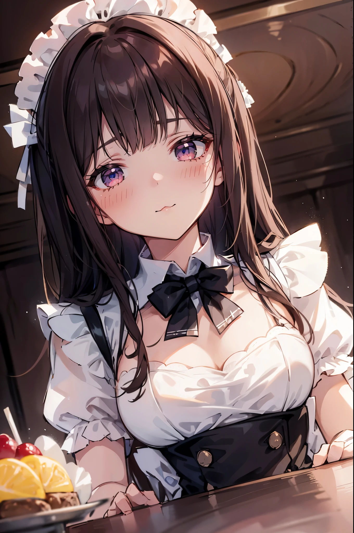 (simple background) (girl in front of a table: 1.2), (table closeup: 1.1), (giantess closeup breasts: 1.6), (height_difference:1.7), (size_difference:1.3), (maid uniform: 1.1), (maid cafe: 1.1),kotoha tanaka (million live),view from below, looking down, low angle perspective, (anime drawing:1.1), (simple bold lines: 1.1), (anime:1.1), (very cute anime girl), (bright), (low contrast), (prettiest age girl), (mature face: 1.1), cleavage