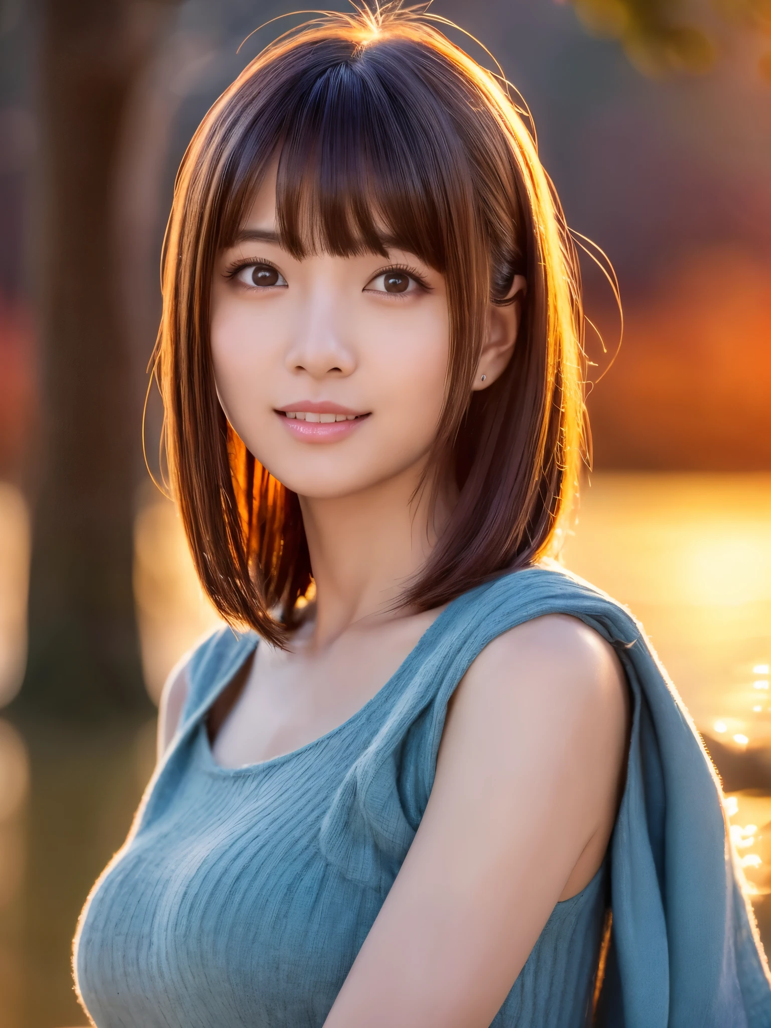 A woman with a blue dress posing for a picture in front of a lake ...
