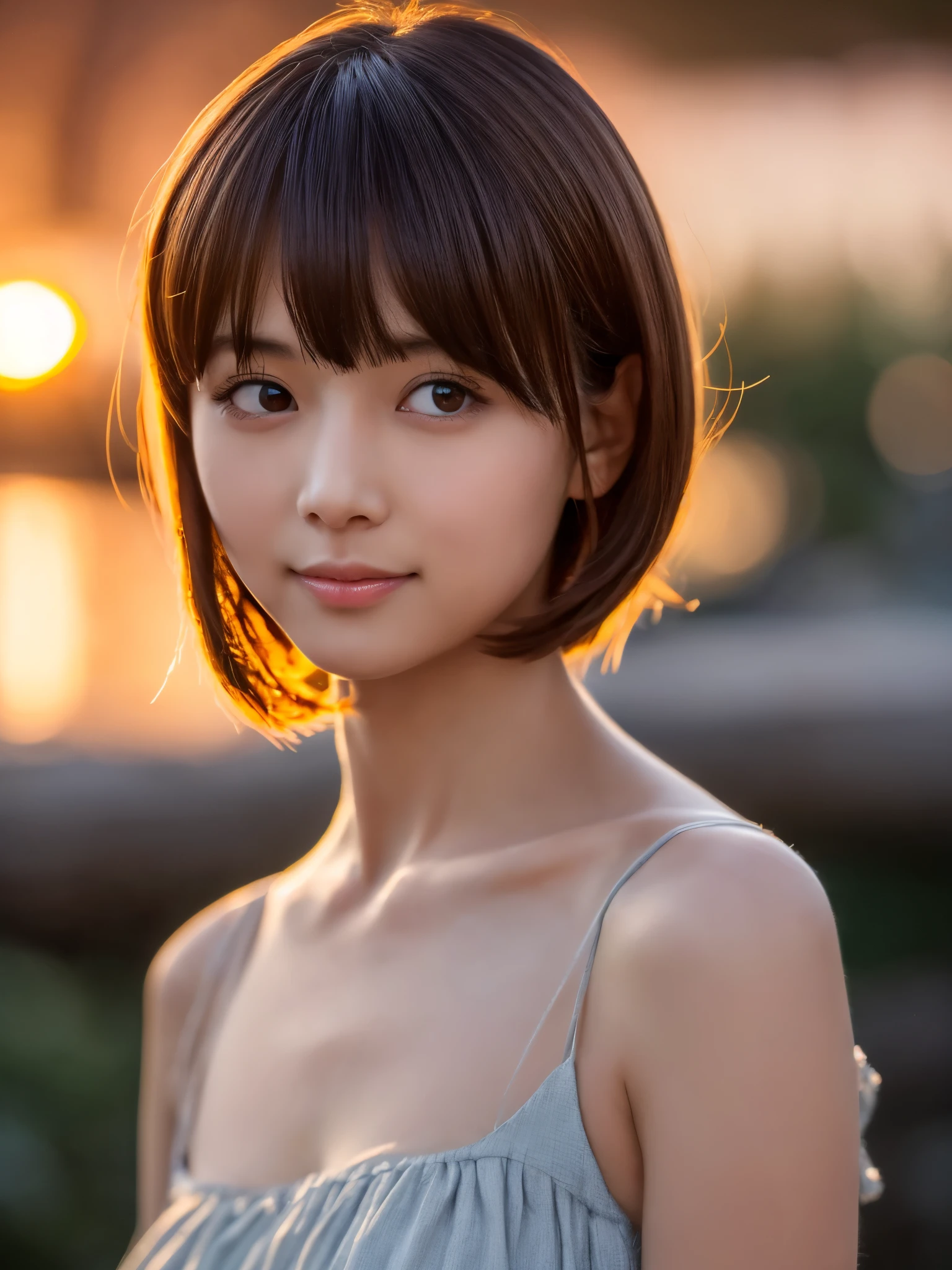 ung girl, Extremely beautiful, (Extremely cute), (extremely detailed beautiful face), Amazing face and eyes, rather dense hair、bob cuts、slightly brighter eyes、normal makeup、(Mini dress with camisole)、(Best Quality:1.4), (Ultra-detailed), extremely detailed CG unified 8k wallpaper, A hyper-realistic, (Photorealsitic:1.4), full body Esbian、Raw photography, professional photograpy, Cinematic lighting, Realistic portrait, ((Bokeh)), (depth of fields:1.4), (View photographer:1.3)、30 years old、(Inokashira Park),(Inokashira Pond)、(full body Esbian)、Accurate eyes、Beautiful mouth、(Keep your mouth completely closed)、(early evening:1.3)、(look at a camera)、(brilliant sunset:1.25)、(Orange evening sky:1.25)、no sleeves、Melancholy look