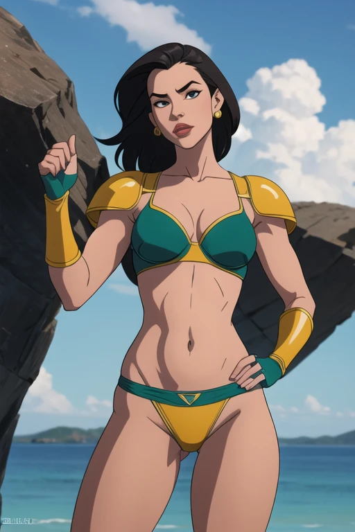 a woman in a yellow bikini,  muscular, best quality,  standing  looking at viewer, wavy hair, brown hair, short hair, penthouse high legs, muscular, female, solo,  muscular, 