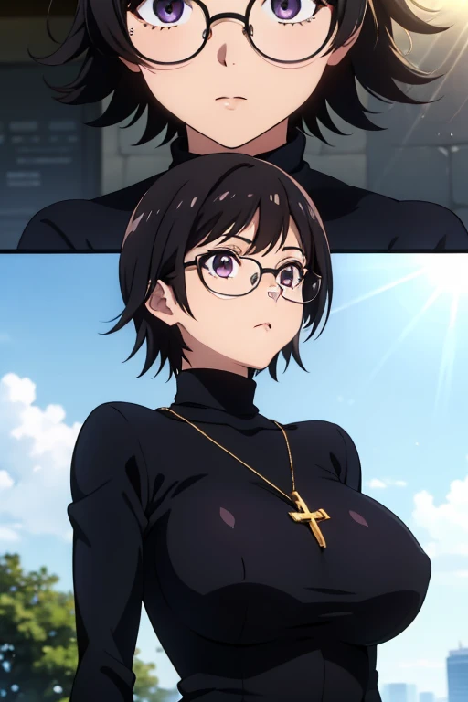 Shizuku Murasaki, 1girl, cute, black hair, short hair, glasses, expressionless, huge breast, ((tight black long sleeve turtleneck)), (upper body, looking at view, arms down), (masterpiece, high resolution, best quality, anime colored, anime screencap, 8k, photorealistic), denim, inverted cross chain necklace, (perfect detailed anatomy, beautiful detailed eyes&hair, beautiful face&skin, detailed clothes), sunshine outdoors