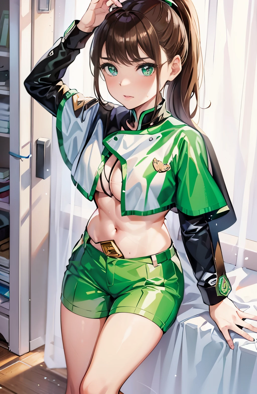 (table top:1.1), (High resolution:1.2), (shape:1.05), (Super detailed 8K art:1.05), (fine and beautiful eyes), perfect face, bright pupils, Glossy skin, Hayamena ,green eyes, , black_belt bag, green_capelet, green_Jacket, white_shorts,, long sleeve, whole body, blushed, looking at the viewer, only, barefoot, ponytail、odor、five fingers、onlyの焦点、spread your toes, brown hair, Sena Hayami, mashin sentai kiramager, sweaty feet, Sole focus, The soles of my feet are dirty, Looks like it stinks, Fungus, Peeling