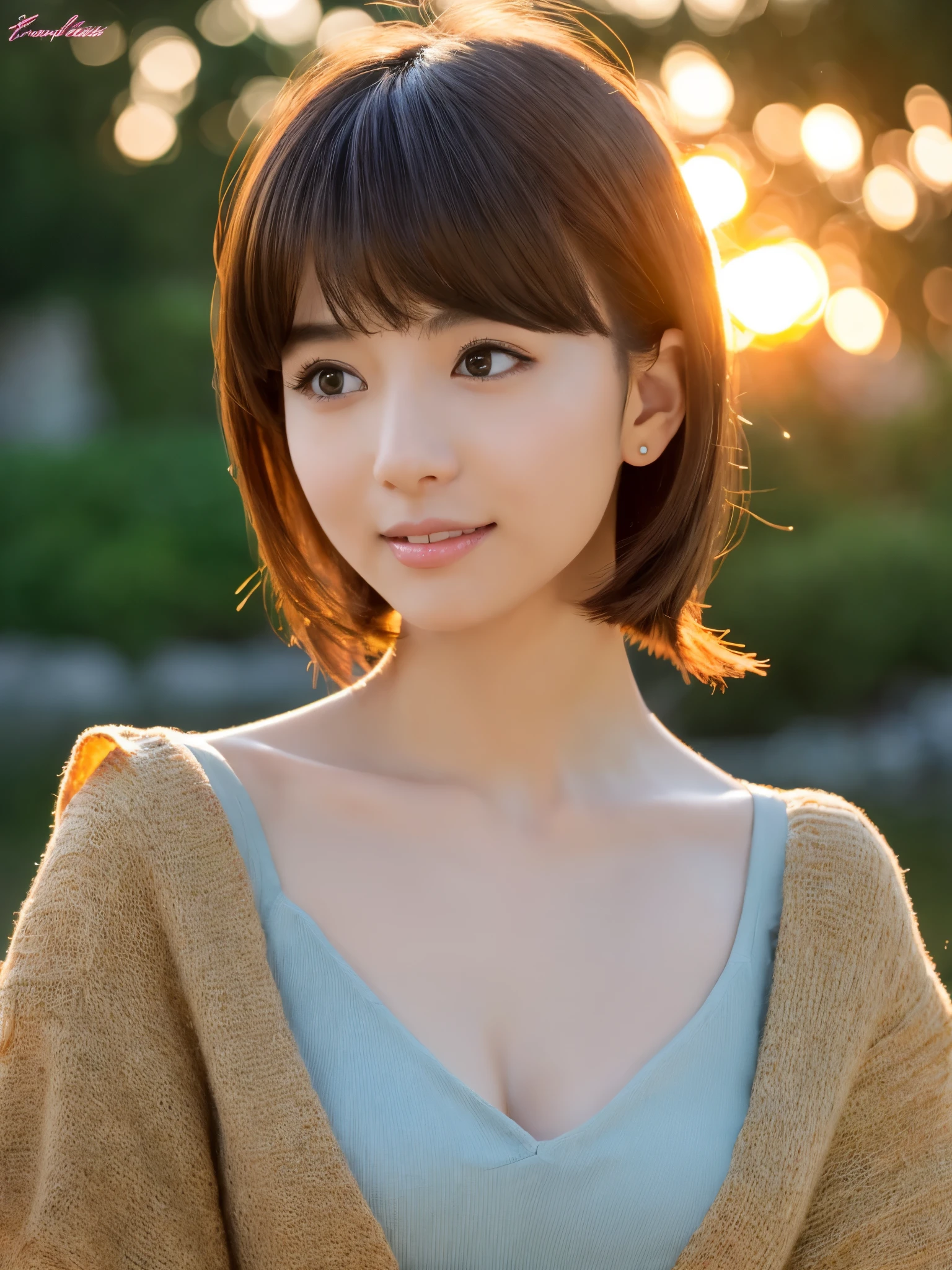 1 young girl, Extremely beautiful, (Extremely cute), (extremely detailed beautiful face), Amazing face and eyes, rather dense hair、bob cuts、slightly brighter eyes、normal makeup、(Mini dress with camisole)、(Best Quality:1.4), (Ultra-detailed), extremely detailed CG unified 8k wallpaper, A hyper-realistic, (Photorealsitic:1.4), full body Esbian、Raw photography, professional photograpy, Cinematic lighting, Realistic portrait, ((Bokeh)), (depth of fields:1.4), (View photographer:1.3)、40 years old、(Inokashira Park),(Inokashira Pond)、(full body Esbian)、Accurate eyes、Beautiful mouth、(Keep your mouth completely closed)、(early evening:1.3)、(look at a camera)、(brilliant sunset:1.25)、(Orange evening sky:1.25)、no sleeves、Melancholy look