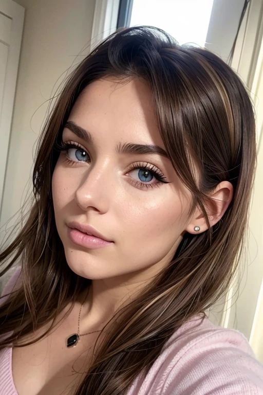 Belle fille, Marron_eyeeautiful mince adolescente de 18 ans, cheveux color [Brown highlights cheveux], [Pixie undercut] cheveux)), piercing nombril, lèvres, Réaliste, taille étroite, charmant, pink lèvrestick, maquillage coloré, Cils longs, boucles d’oreilles, porter de l’eye-liner, peau claire, (mignon), (face détaillée), Yeux détaillés, Iris détaillé, corp magnifique, corps athlétique, abdominaux prononcés sur l&#39, 