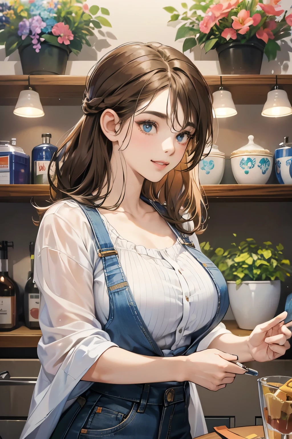(table top, digital art, digital illustration, 4K, 8K, super detailed, beautiful images, clear image, realistic, RAW photo, perfect face, perfect lines, perfect eyes, soft lighting) 1 female, (light brown hair,chignon hair,innocent look,droopy eyebrows,With a round face,Round jaws、innocence,cute,Big eyes,natural makeup,smile gently,E cup,23 year old female:1.3),Two handsome men in suits, (human,Men in suits,muscular,Firm shoulder width,  mannish hairstyle,A man in his 30s with a cool expression,28-year-old man with bright smile:1.2),flower shop,flower shopの店先で,Flower Cottage,colorful flowers,lots of flowers、couple dancing、denim、country style、