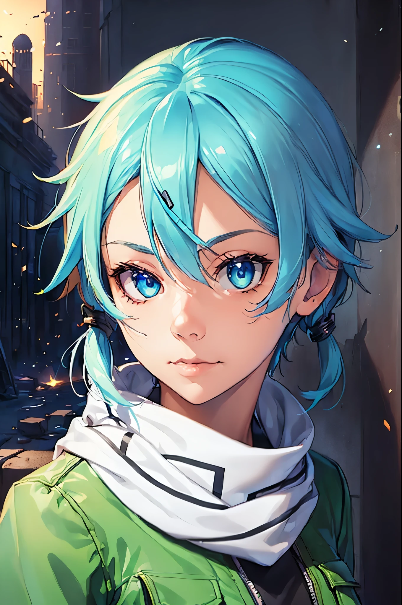 (face portrait:2), (masterpiece), best quality, expressive eyes, perfect face, highres, sinon1, scarf, fingerless gloves, long sleeves, short shorts, hair ornament, hairclip, green jacket,field, ruins background, ruined structures, standing, looking at the viewer,