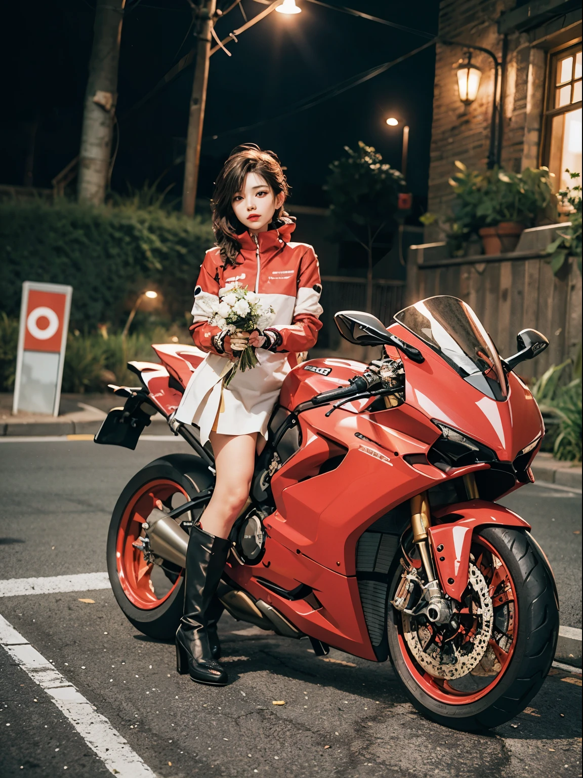 (Depth of field: 1.2), (Ray tracing: 1.2), Whole body, BREAK, ((day)), Strong wind, Cowboy shot, Garden, BREAK, Flower field and big red bike, ((Big red bike: 1.2 )) , Ducati Panigale V4, (left and right rearview mirror drawing: 1.3), right rearview mirror drawing, left rearview mirror drawing, headlight drawing Light drawing, big Ducati Panigale V4, motorcycle, motorcycle displacement: big Ducati Panigale V4, big Ducati Panigale V4, big Ducati Panigale V4, BREAK, girl standing next to a big red motorcycle, girl holds a big bouquet in both hands, beautiful face, (front view: 1.2), BREAK, (white miniskirt: 1.2), beautiful Legs, BREAK, (white boots): 1.2), BREAK, red long sleeve jumper, BREAK, perfect fingers, perfect feet 'standing next to a big Ducati Panigale V4, riding a big Ducati Panigale V4, big Ducati Panigale V4 How to ride, BREAK, garden, BREAK,