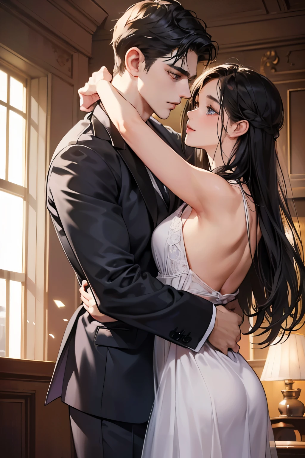 (table top, digital art, digital illustration, 4K, 8K, super detailed, beautiful images, clear image, realistic, RAW photo, perfect face, perfect lines, perfect eyes, soft lighting) 1 female, (long black hair,straight hair,Bullish gaze,beautiful woman,Solid makeup,23 year old female,small breasts:1.3),secretary, Two handsome men in suits, (human,Men in suits,muscular,Firm shoulder width,adult male,boyish hairstyle,british gentleman&#39;s style,A man in his 30s with a cool expression,28-year-old man with bright smile:1.2),Bright Western-style room、couple dancing、light、country style、k pop dance、sense of rhythm