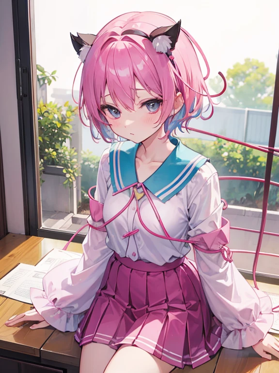 best quality、Komeiji Satori(pink hair)、Erotic School Uniform、embarrassing