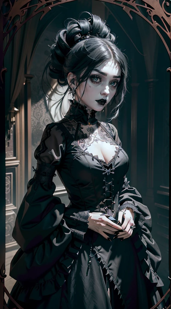 Official Art, Unity 8k wallpaper, ultra-detailed, beautiful, beautiful, ((New Goth gal:1.4)), masterpiece, best quality, dark, atmospheric, mystical, romantic, creepy, literature, art, fashion, victorian, decoration, intricate, ironwork, lace, contemplation, emotional depth, supernatural, 1 girl, solo, hip